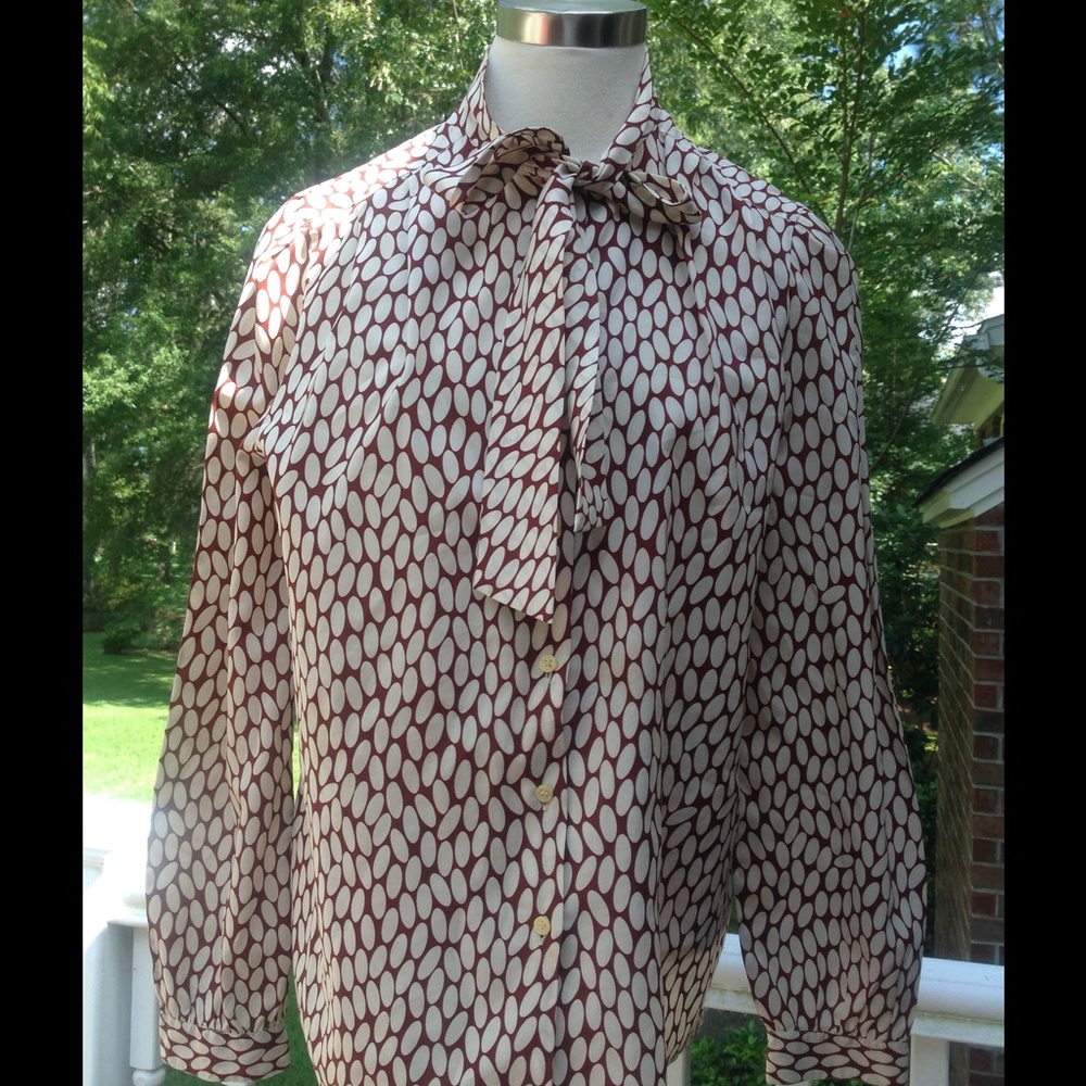 Vintage Brown Polka Dot White Blouse Polka Bow Tie